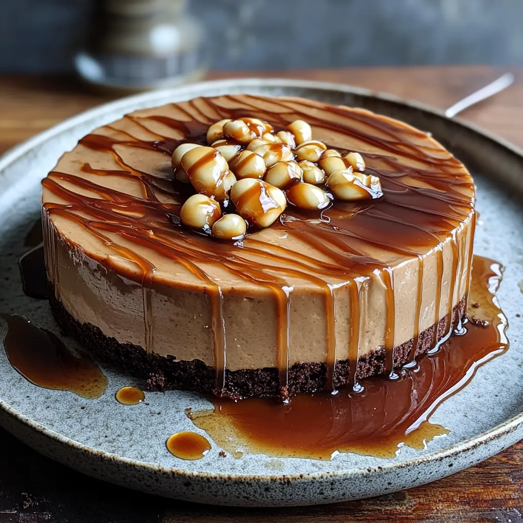 Slice of gooey Caramel Mud Cake with dripping caramel sauce on a white plate