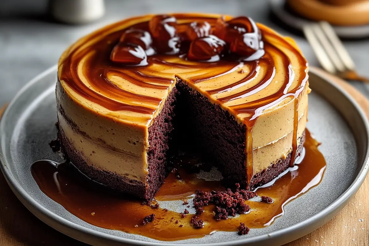 Slice of gooey Caramel Mud Cake with dripping caramel sauce on a white plate