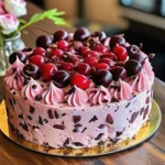 Slice of Cherry Chocolate Chip Poke Cake topped with whipped cream and fresh cherries