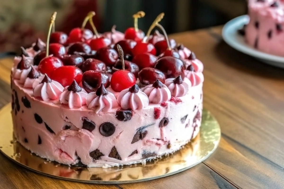 Slice of Cherry Chocolate Chip Poke Cake topped with whipped cream and fresh cherries