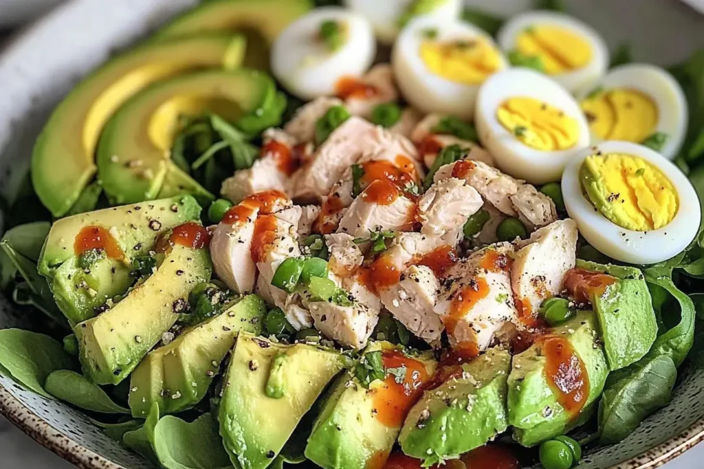 Chicken, Avocado, and Egg Salad Bowl in a white serving bowl