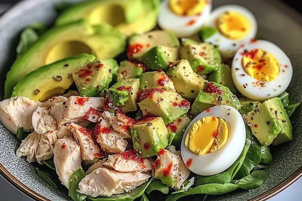 Chicken, Avocado, and Egg Salad Bowl in a white serving bowl