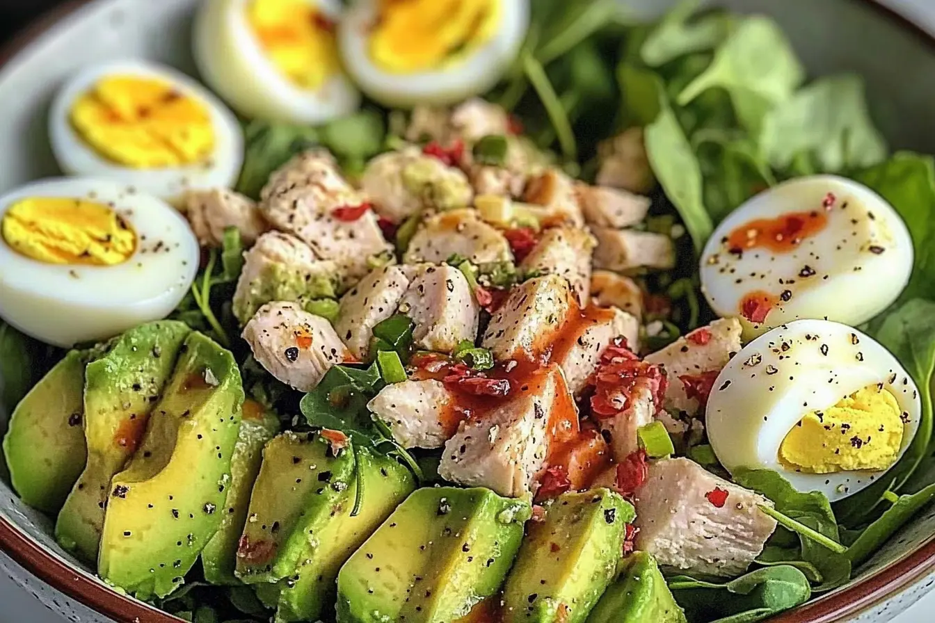 Chicken, Avocado, and Egg Salad Bowl in a white serving bowl