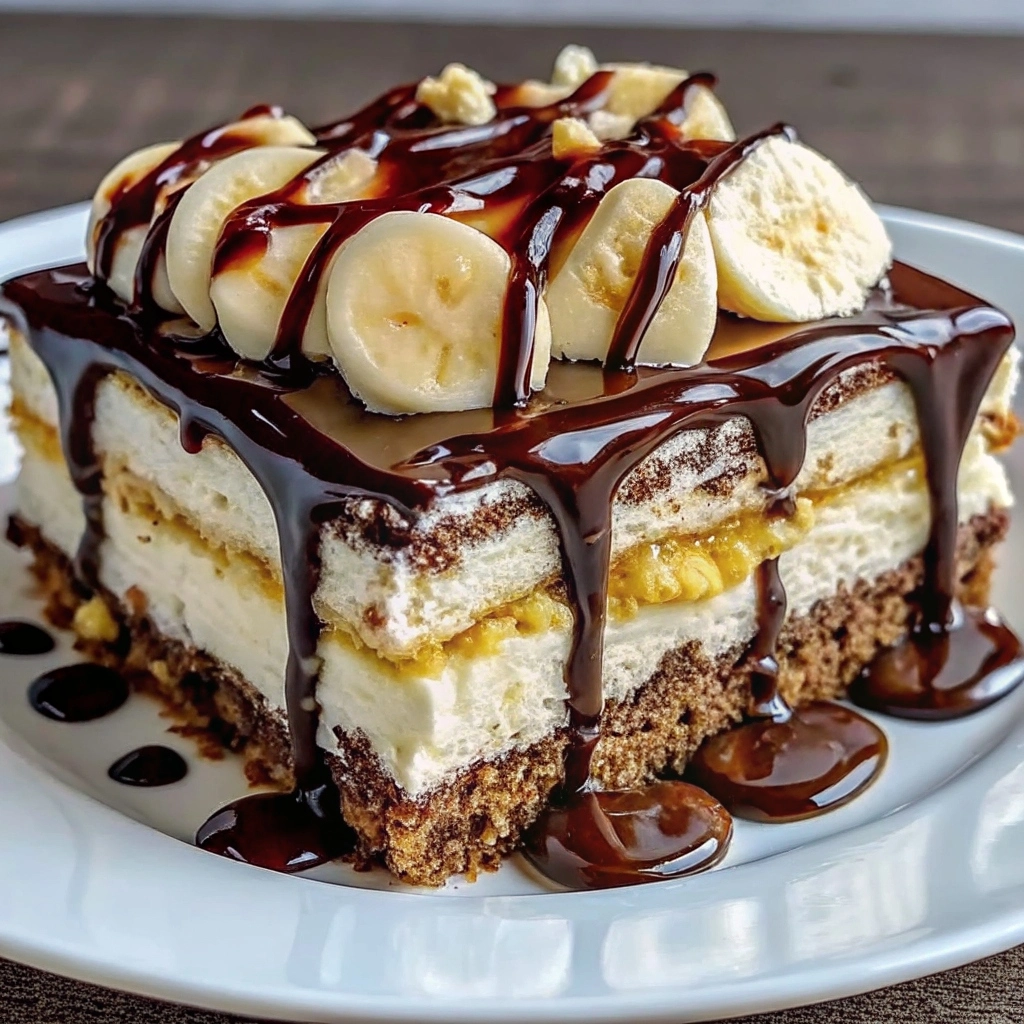 Slice of Chocolate Banana Split Cake topped with whipped cream, banana slices, cherries, and ganache drizzle