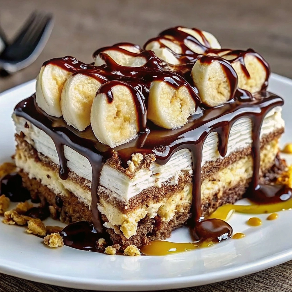 Slice of Chocolate Banana Split Cake topped with whipped cream, banana slices, cherries, and ganache drizzle