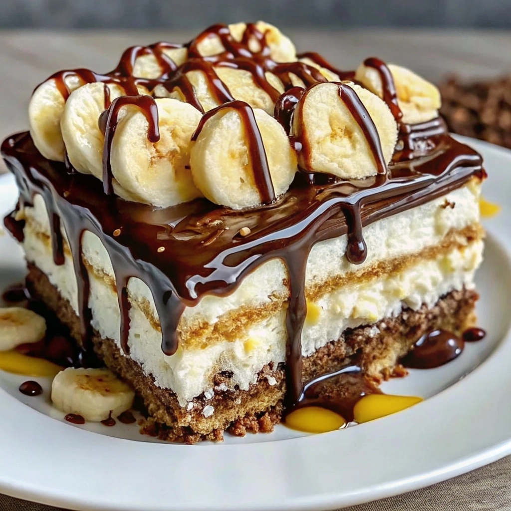 Slice of Chocolate Banana Split Cake topped with whipped cream, banana slices, cherries, and ganache drizzle