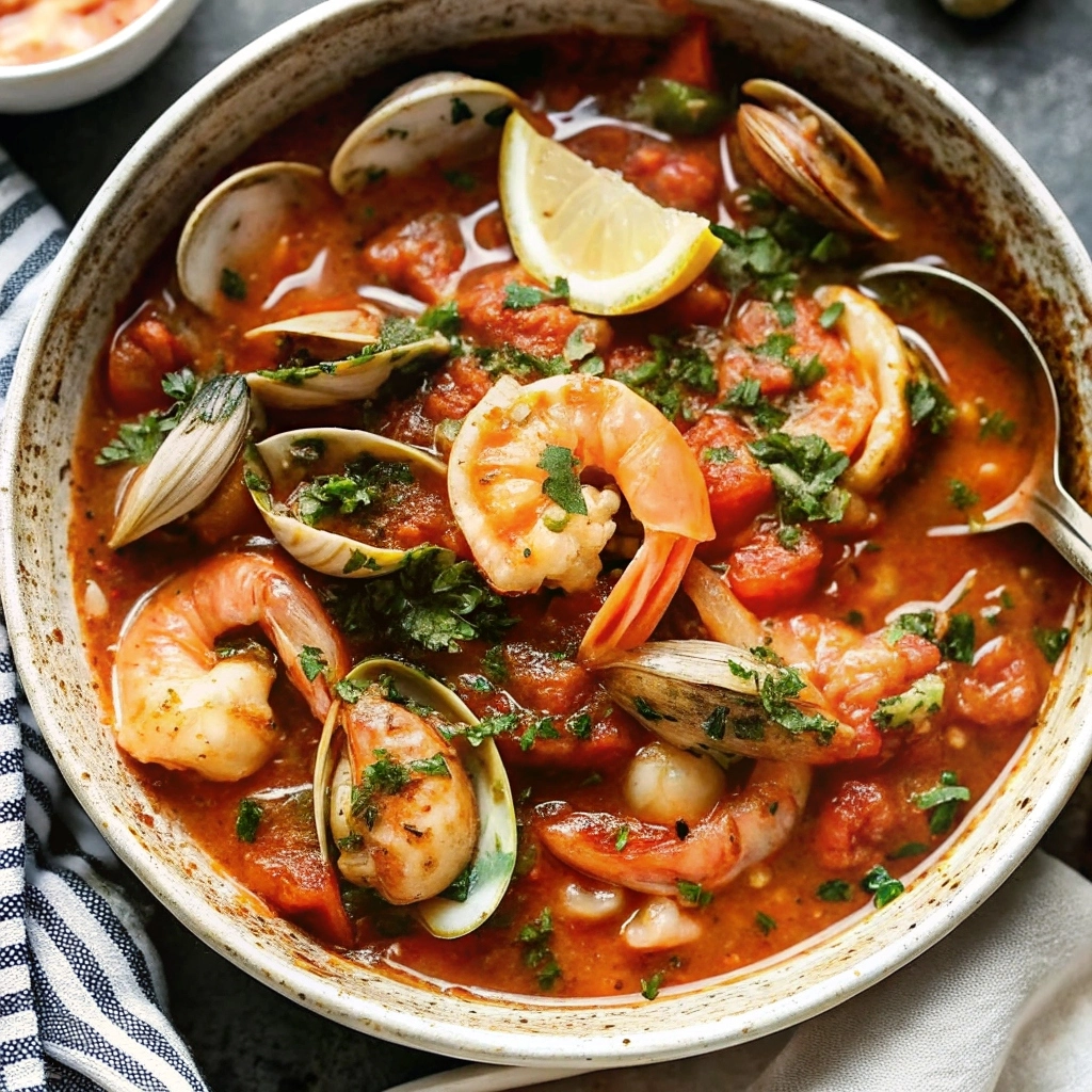 Bowl of Cioppino seafood stew with shrimp, mussels, crab, and fish in a rich tomato‑wine broth
