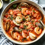 Bowl of Cioppino seafood stew with shrimp, mussels, crab, and fish in a rich tomato‑wine broth