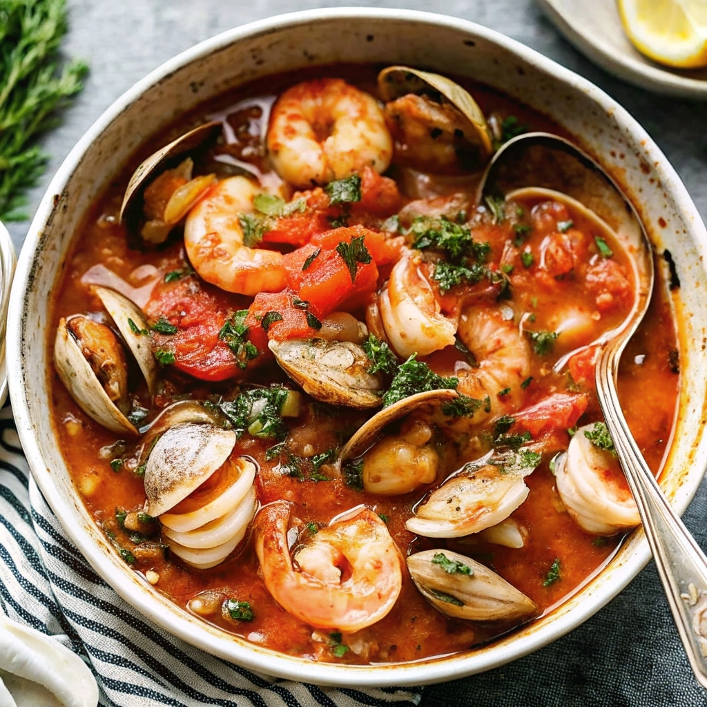 Bowl of Cioppino seafood stew with shrimp, mussels, crab, and fish in a rich tomato‑wine broth