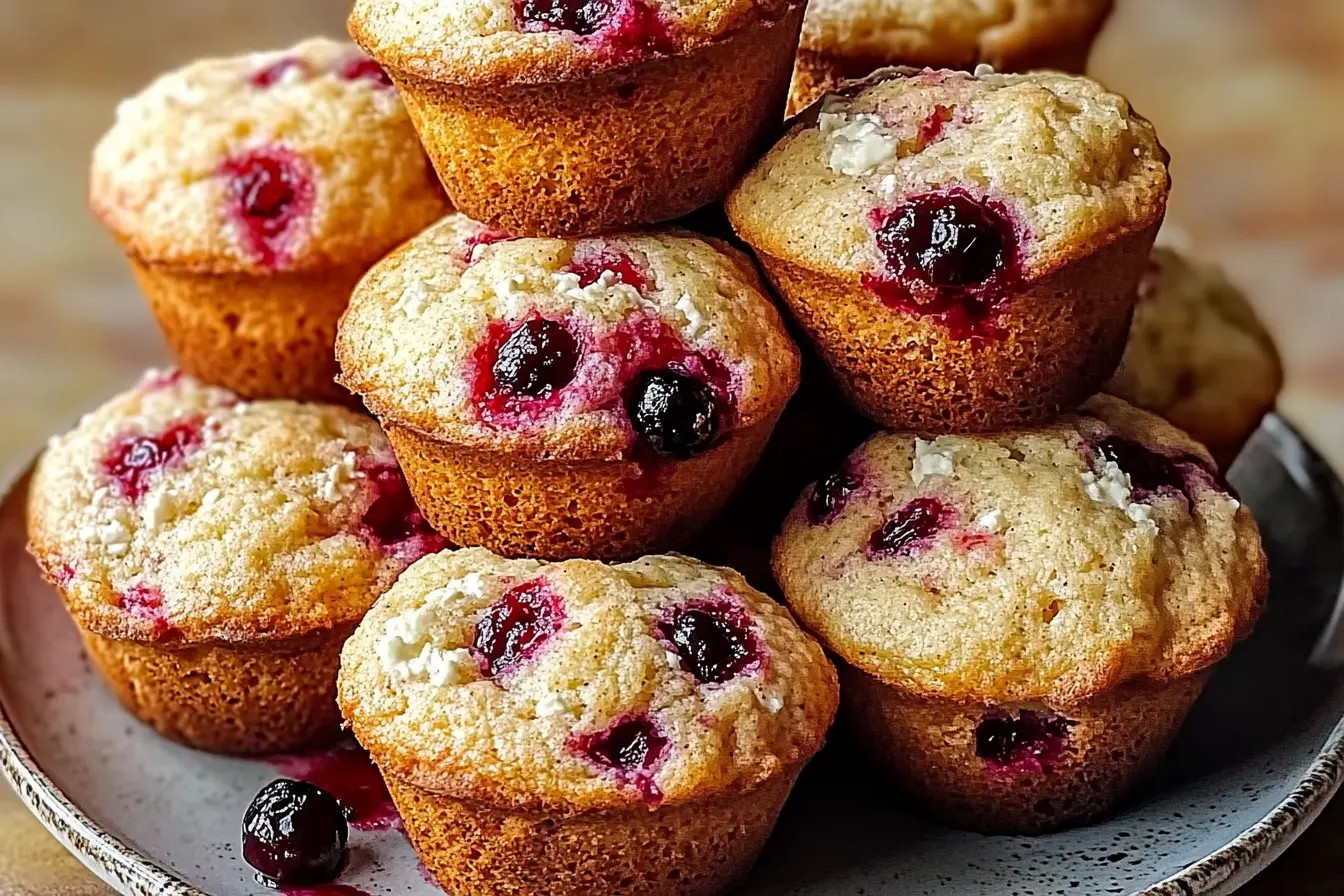 Tray of freshly baked cranberry orange cottage cheese muffins