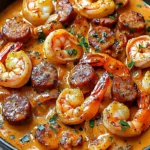 Creamy Cajun shrimp with sausage in a skillet