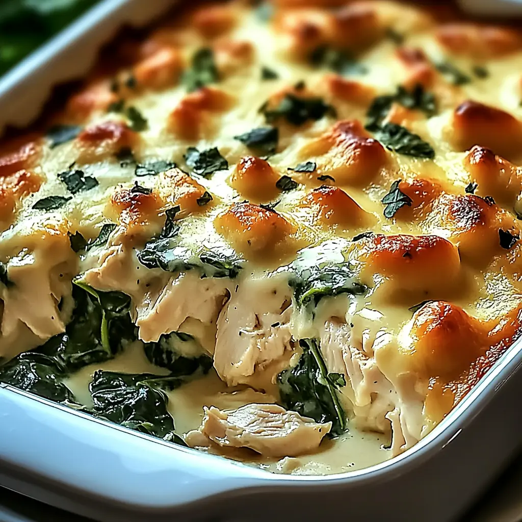 Baked creamy chicken and spinach casserole with golden melted cheese topping