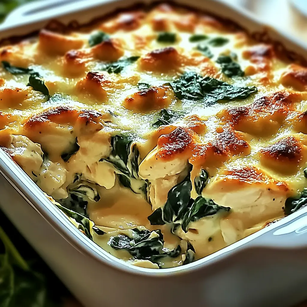Baked creamy chicken and spinach casserole with golden melted cheese topping