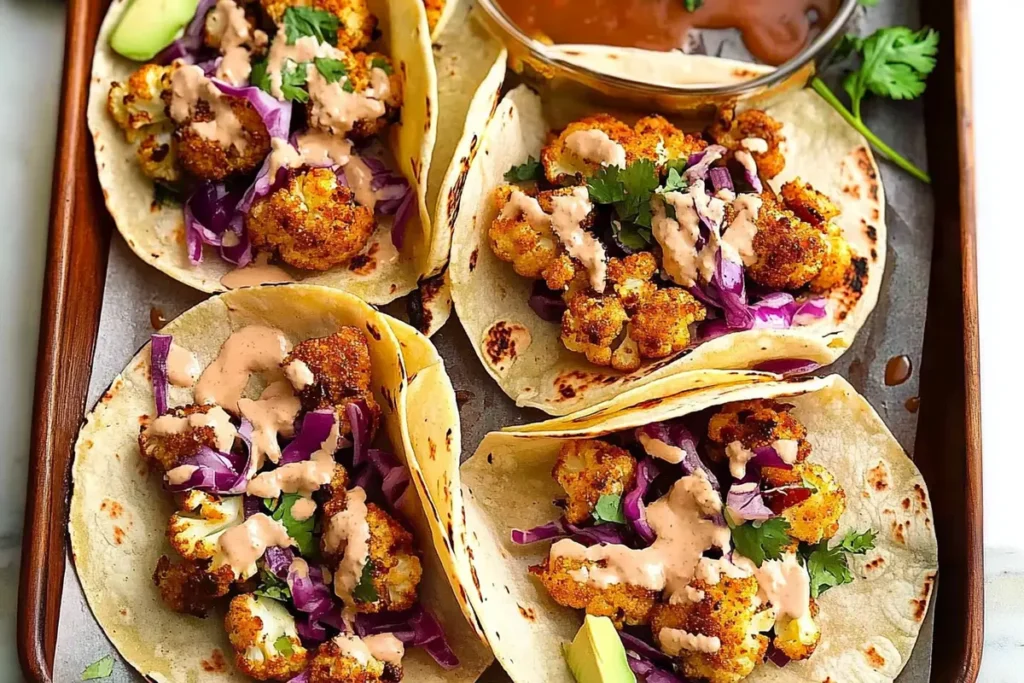 Crispy Cauliflower Tacos topped with slaw and lime cilantro crema