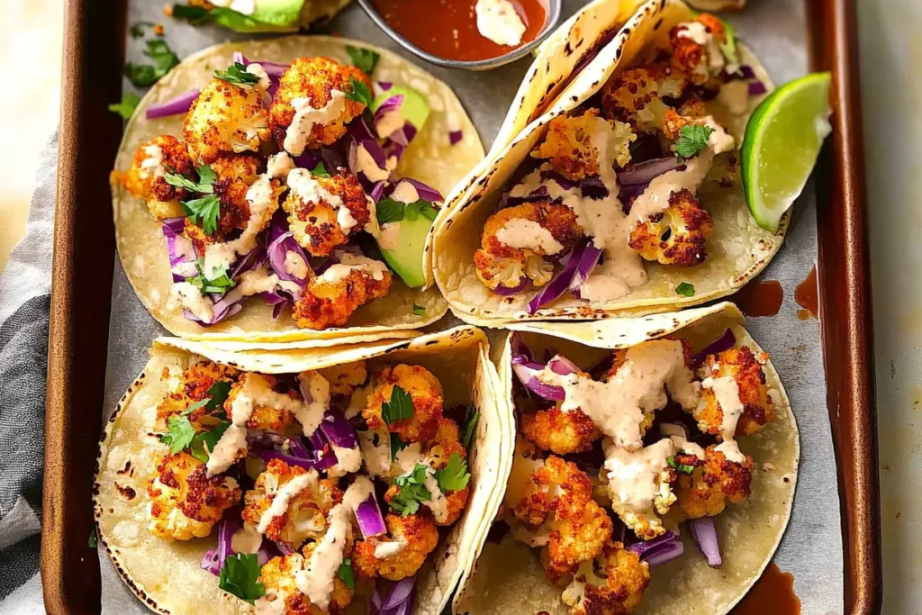 Crispy Cauliflower Tacos topped with slaw and lime cilantro crema