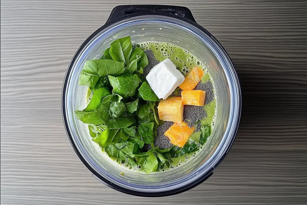 Glass of vibrant green detox smoothie garnished with berries