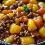 Slow cooker filled with bubbling cowboy casserole topped with melted cheddar cheese