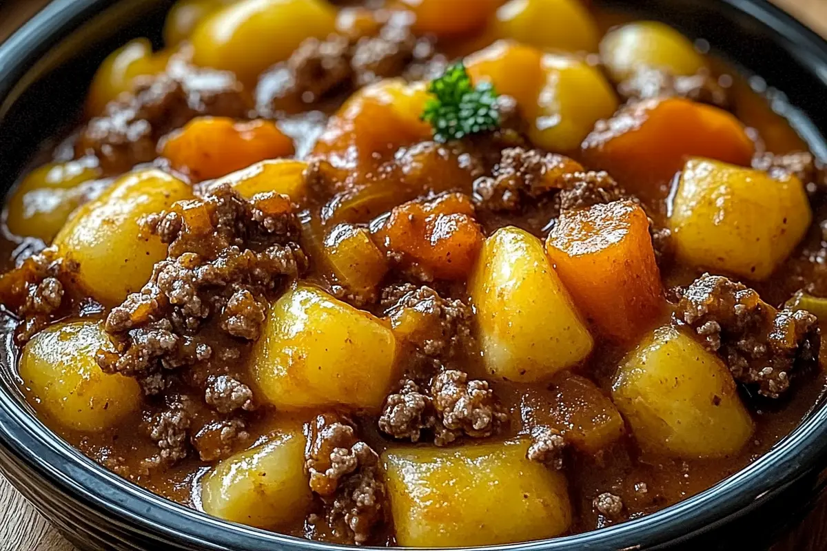 Slow cooker filled with bubbling cowboy casserole topped with melted cheddar cheese