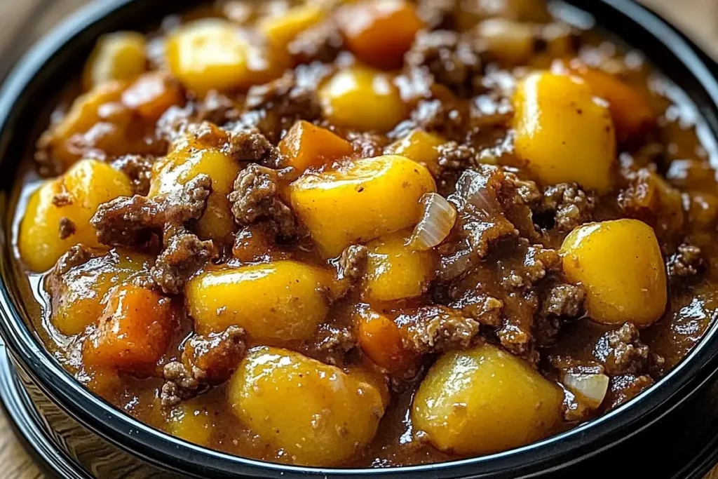 Slow cooker filled with bubbling cowboy casserole topped with melted cheddar cheese
Easy Slow Cooker Cowboy Casserole Recipe