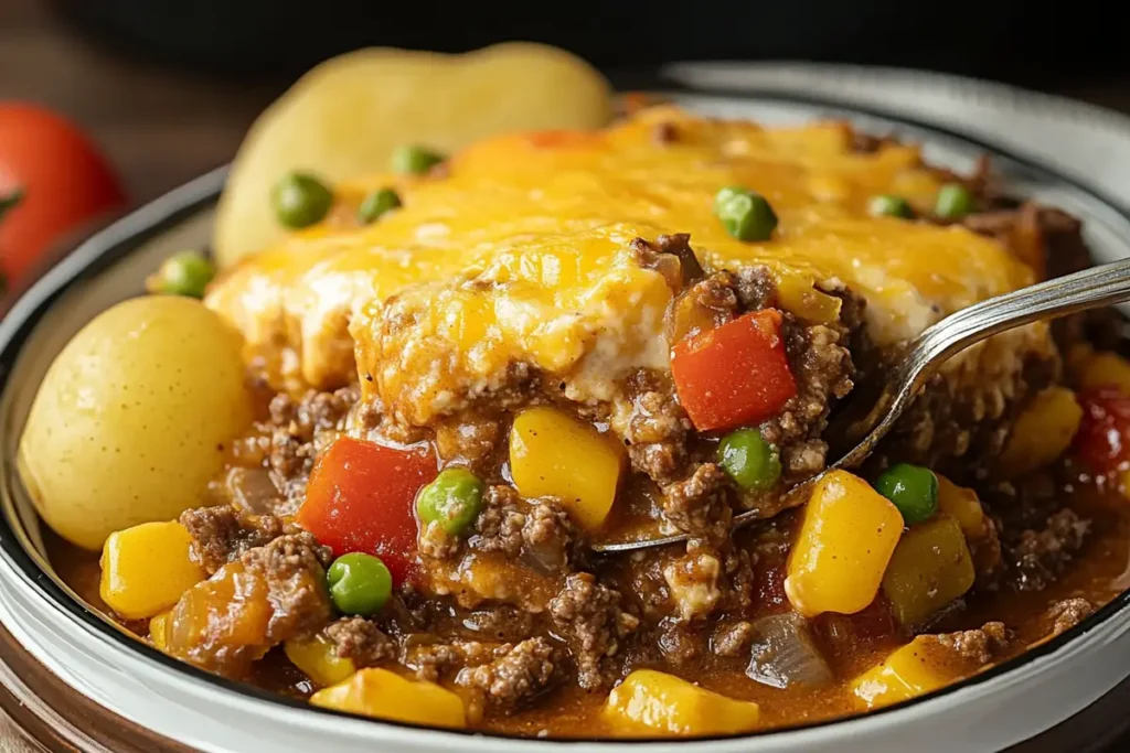 Slow cooker filled with bubbling cowboy casserole topped with melted cheddar cheese
Easy Slow Cooker Cowboy Casserole Recipe