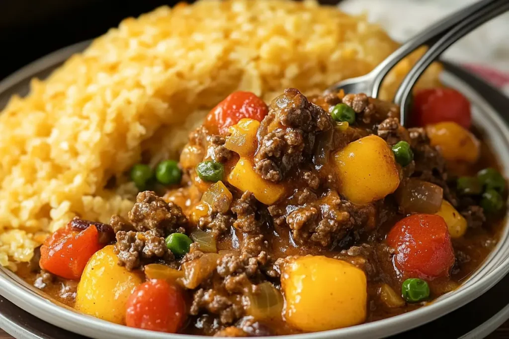 Slow cooker filled with bubbling cowboy casserole topped with melted cheddar cheese
Easy Slow Cooker Cowboy Casserole Recipe