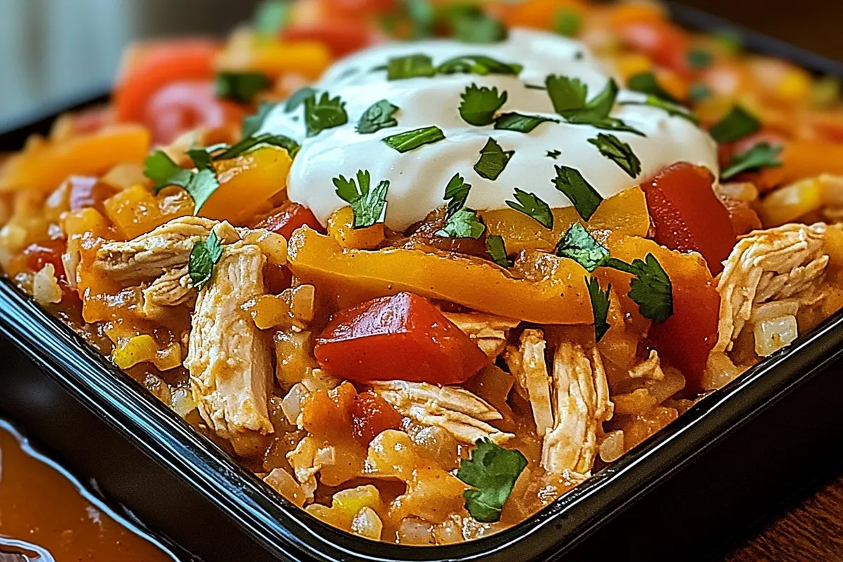 Cheesy baked fajita chicken casserole garnished with cilantro and lime