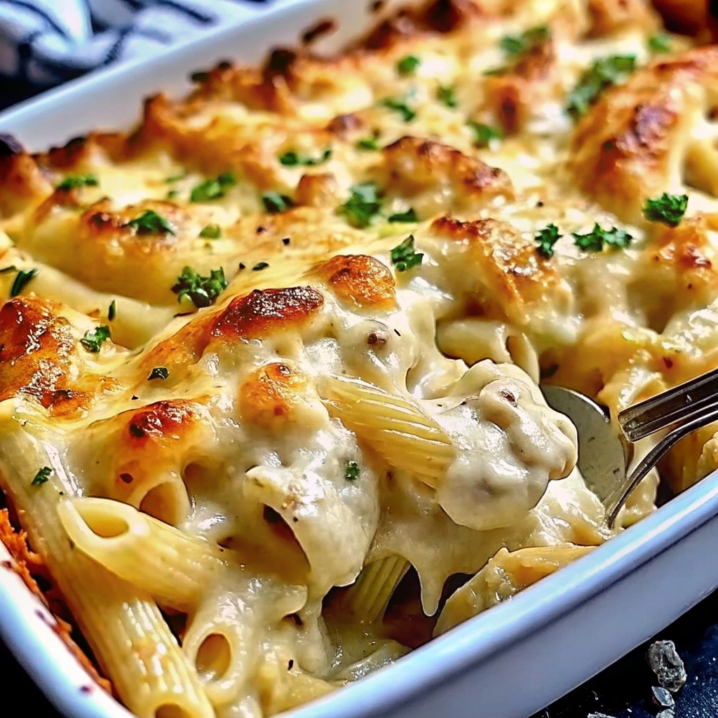 Casserole dish of baked pasta topped with melted cheese and golden crustGarlic Parmesan Chicken Pasta Bake