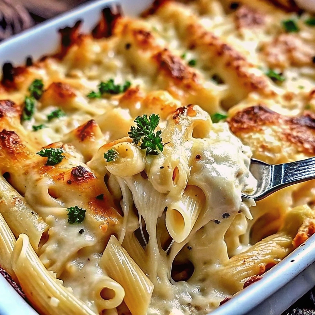 Casserole dish of baked pasta topped with melted cheese and golden crustGarlic Parmesan Chicken Pasta Bake