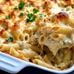 Casserole dish of baked pasta topped with melted cheese and golden crust
