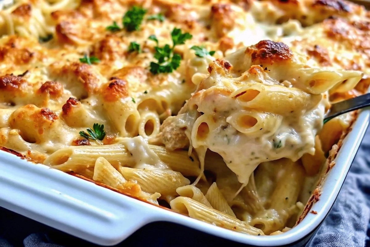 Casserole dish of baked pasta topped with melted cheese and golden crust