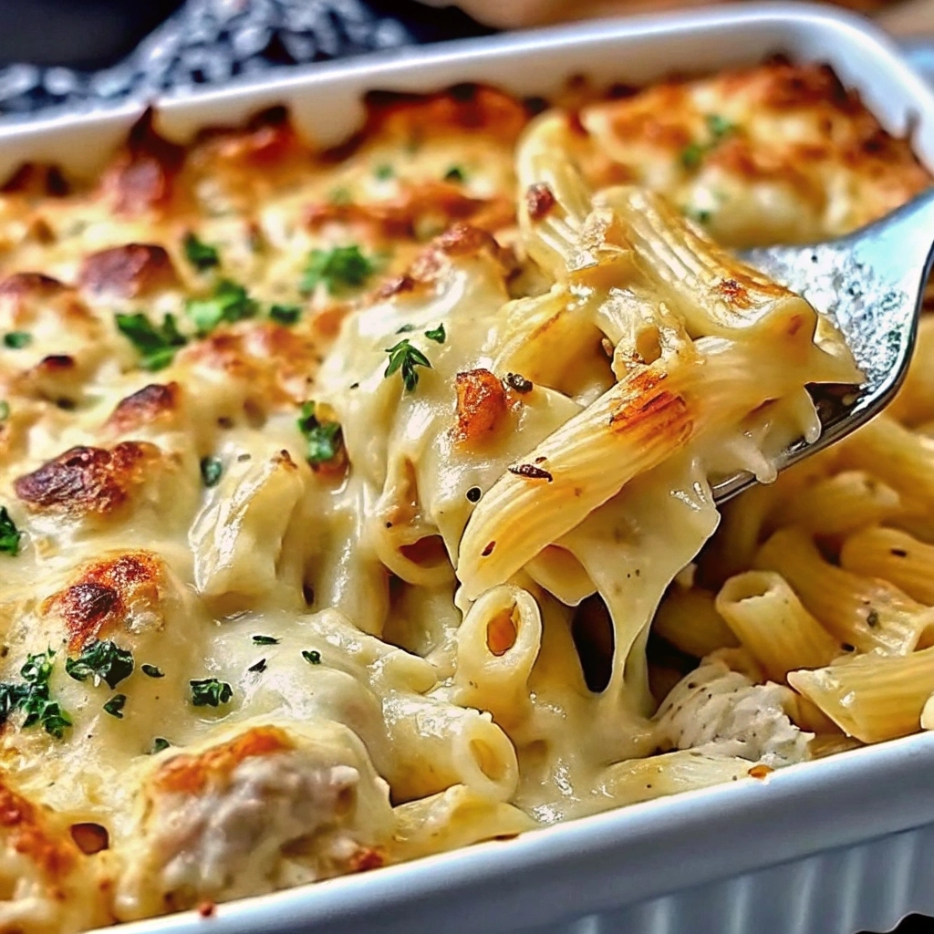 Casserole dish of baked pasta topped with melted cheese and golden crustGarlic Parmesan Chicken Pasta Bake