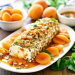 Goat cheese spread topped with honey drizzle, apricot pieces, and sliced almonds