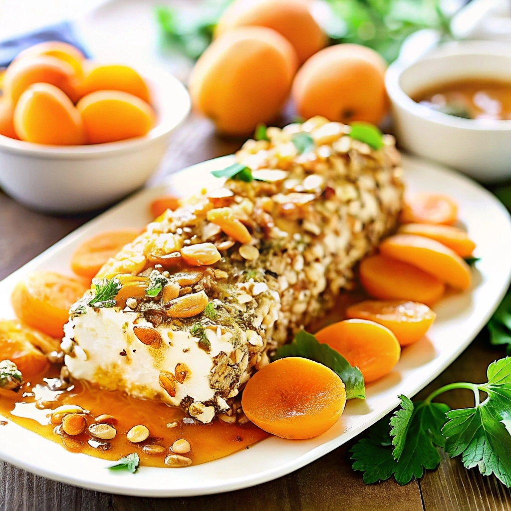 Goat cheese spread topped with honey drizzle, apricot pieces, and sliced almonds