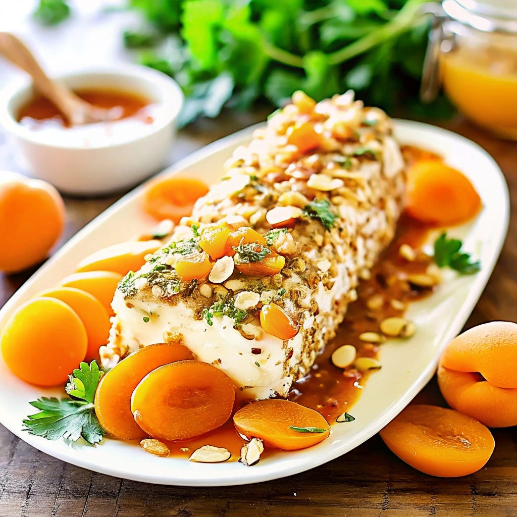 Goat cheese spread topped with honey drizzle, apricot pieces, and sliced almonds