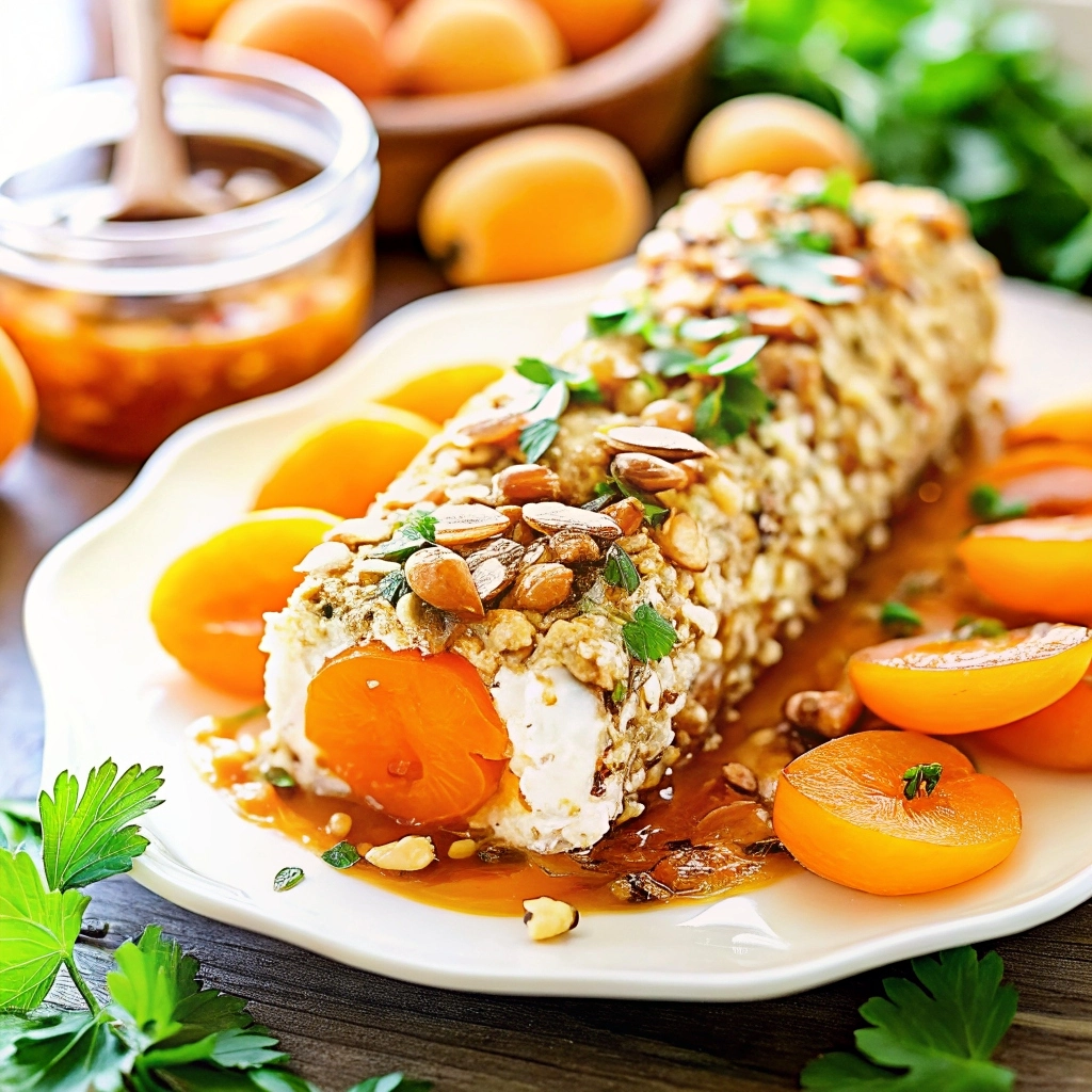 Goat cheese spread topped with honey drizzle, apricot pieces, and sliced almonds