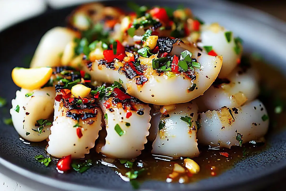 Grilled Garlic Squid recipe served on platter