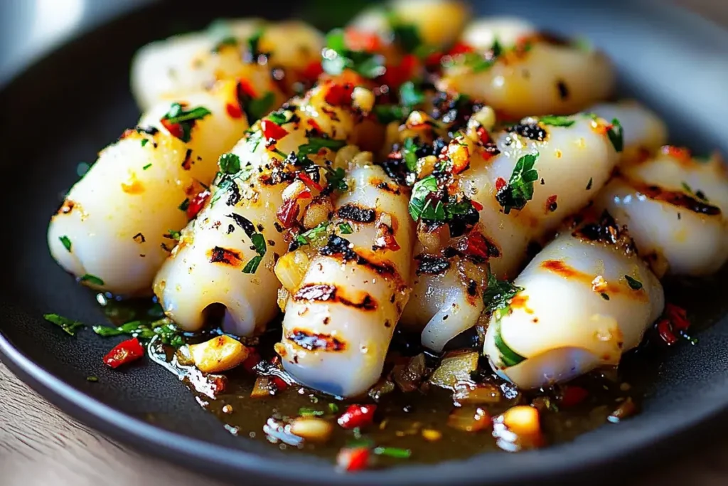 Grilled garlic squid recipe served on platter