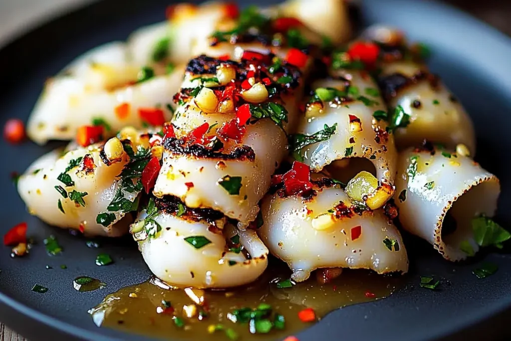 Grilled garlic squid recipe served on platter