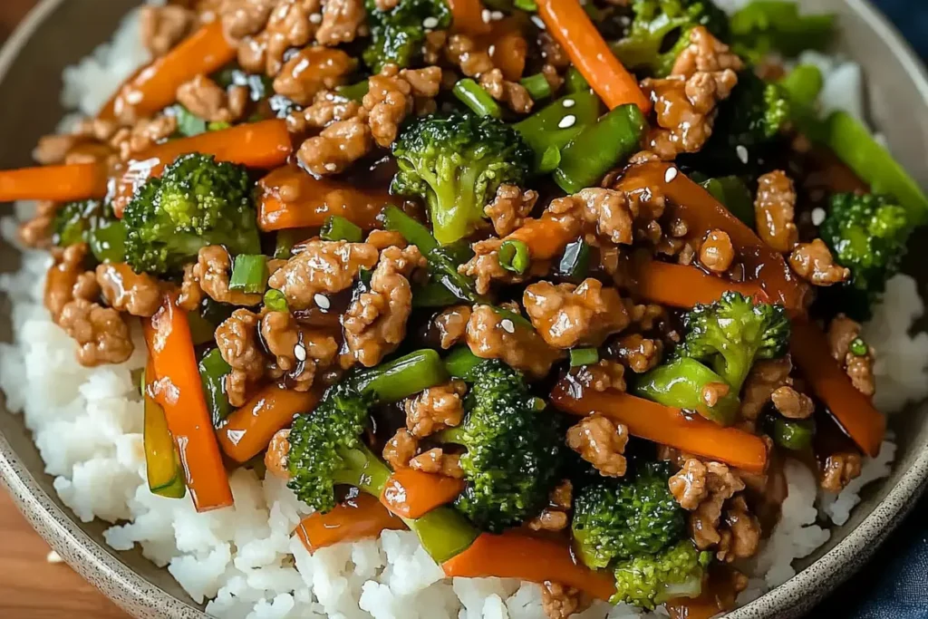 Bowl of Ground Turkey Teriyaki Stir Fry Recipe with vegetables