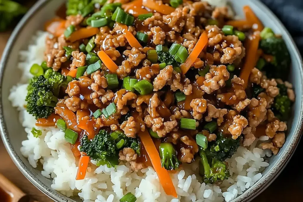 Bowl of Ground Turkey Teriyaki Stir Fry Recipe with vegetables