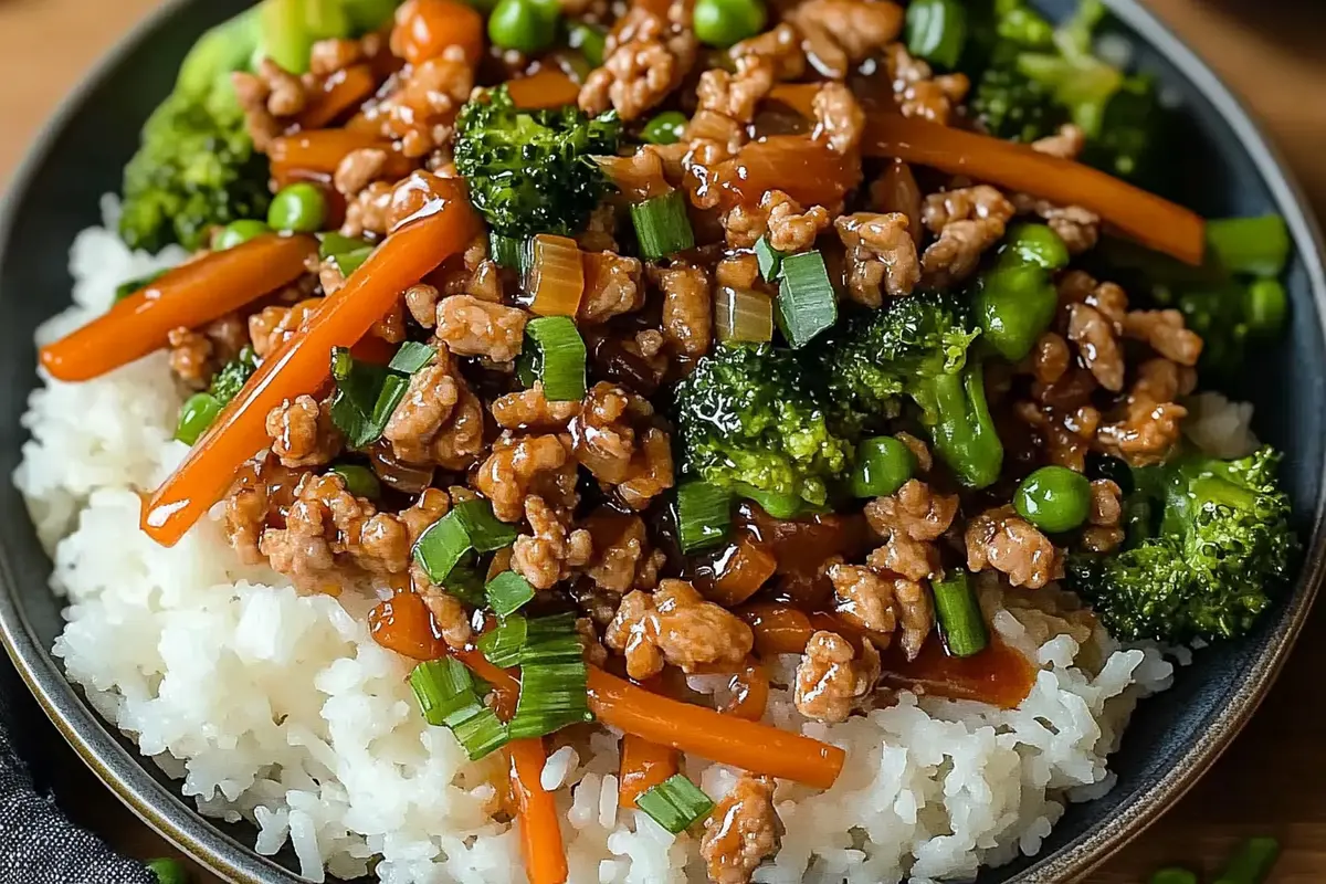 Bowl of Ground Turkey Teriyaki Stir Fry Recipe with vegetables
