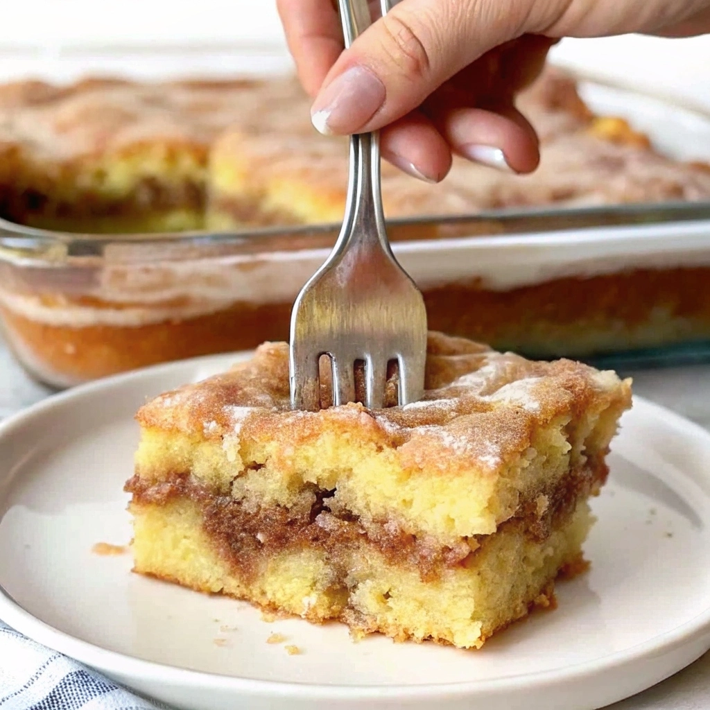 Slice of Honey Bun Cake with cinnamon‑sugar swirl and glaze