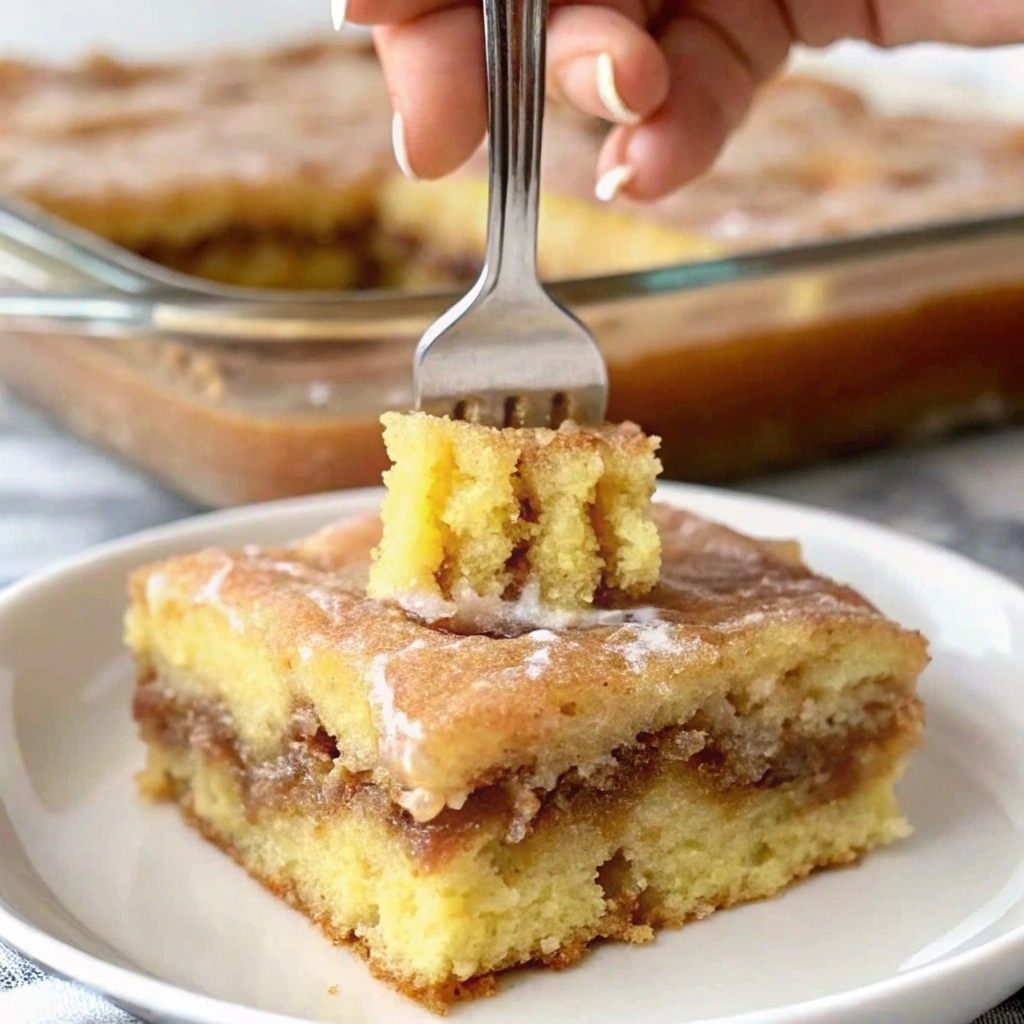 Slice of Honey Bun Cake with cinnamon‑sugar swirl and glaze