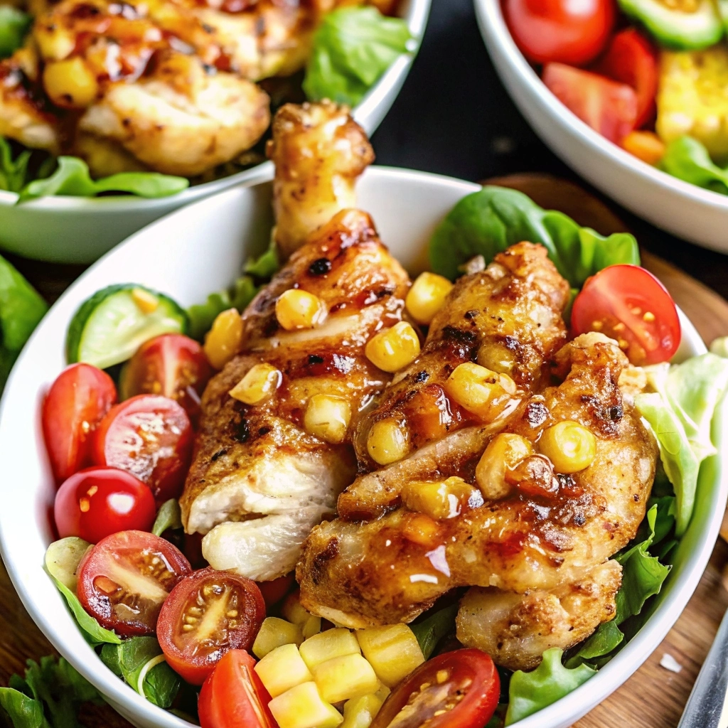 Honey mustard chicken salad with grilled chicken, mixed greens, and nuts