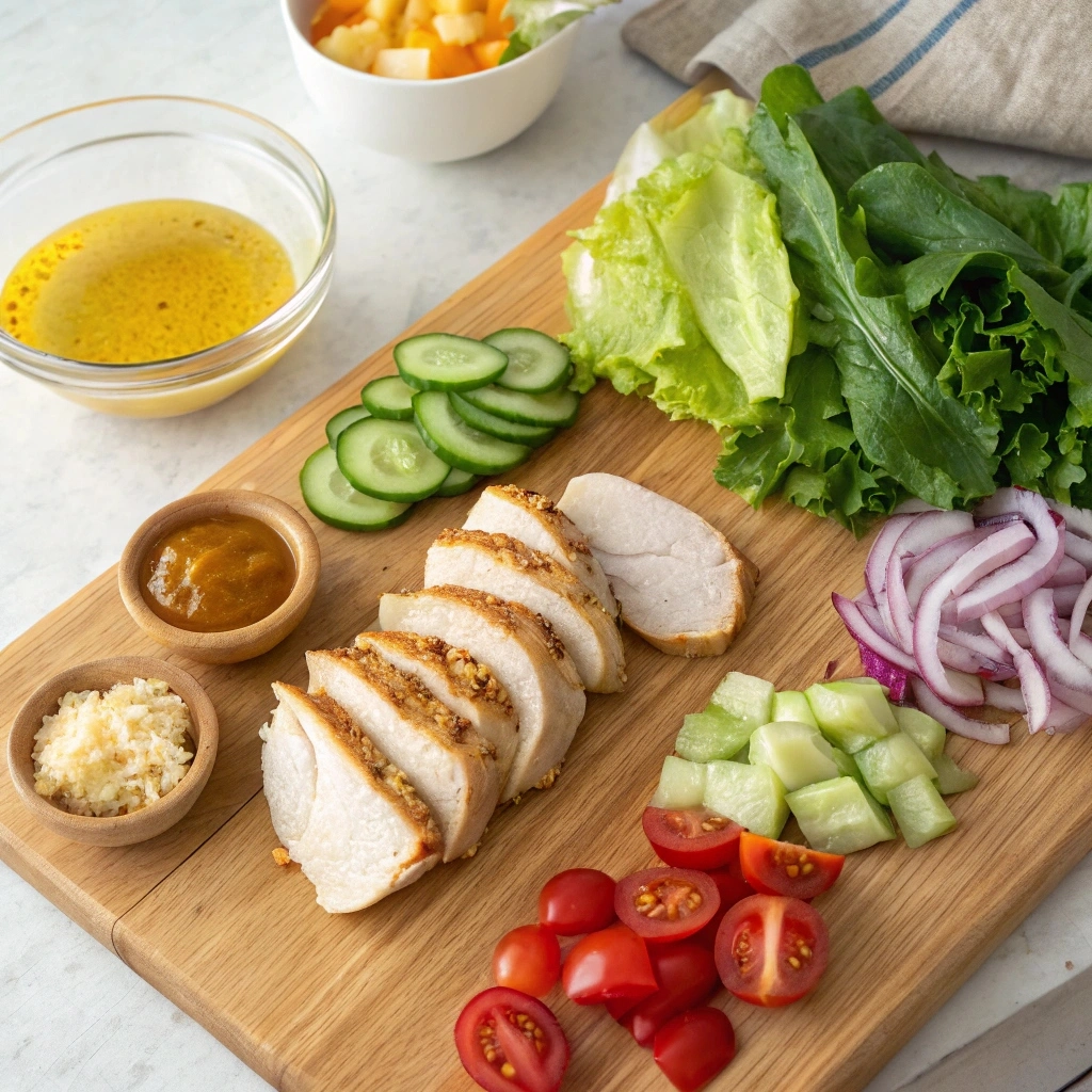 Honey mustard chicken salad with grilled chicken, mixed greens, and nuts