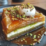 Slice of honey pistachio baklava cheesecake on a plate honey-pistachio-baklava-cheesecake-recipe