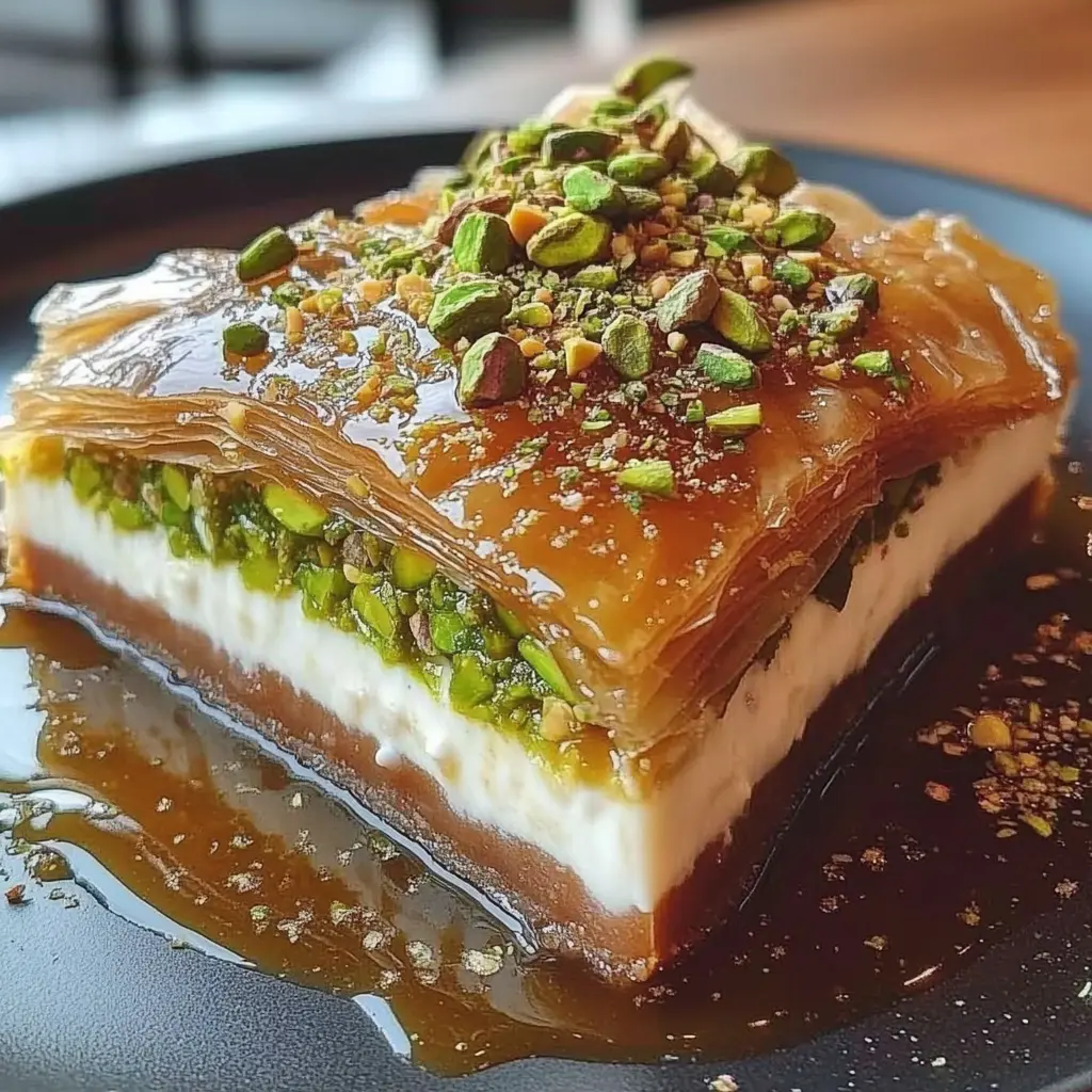 Slice of honey pistachio baklava cheesecake on a platehoney-pistachio-baklava-cheesecake-recipe
