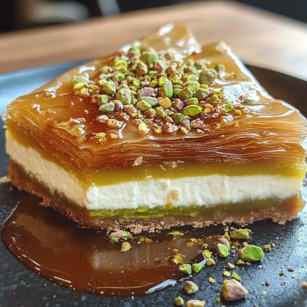 Slice of honey pistachio baklava cheesecake on a platehoney-pistachio-baklava-cheesecake-recipe