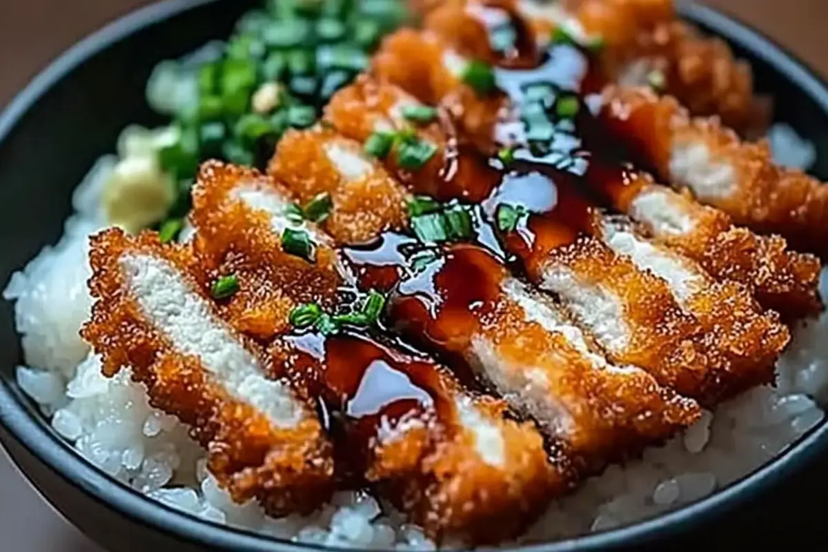 Japanese katsu bowl with shredded cabbage and Tonkatsu sauce