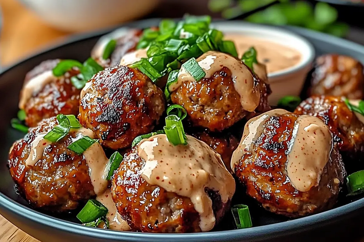 Korean BBQ meatballs glazed in sauce with a bowl of spicy mayo dip Korean BBQ Meatballs with Spicy Mayo Dip
